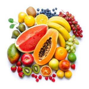 Fresh produce box assortment (fruits and vegetables) on a clean background