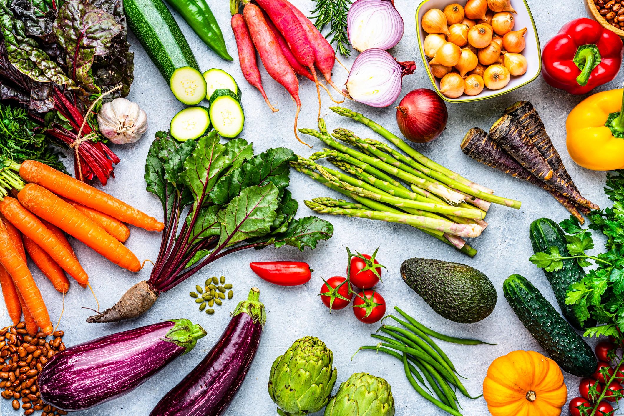 About Fresh vegetables arranged on a kitchen counter
